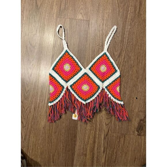 Self Contrast Dixie Crochet Camisole Knit Fringe Hem Top S Happy Colors NWT $195 - Picture 7 of 9